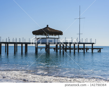 a pier on the beach and calming sea views a pier on the beach and calming sea views 142798364