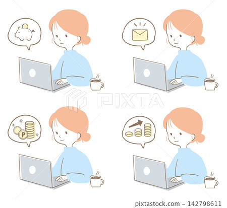 A set of illustrations depicting a housewife working from home using a computer. A set of illustrations depicting a housewife working from home using a computer. 142798611