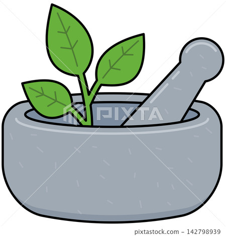 Flat style icon illustration of stone mortar and pestle with green leaves isolated on transparent background. Graphic design element clip art for herbal medicine assets. Flat style icon illustration of stone mortar and pestle with green leaves isolated on transparent background. Graphic design element clip art for herbal medicine assets. 142798939