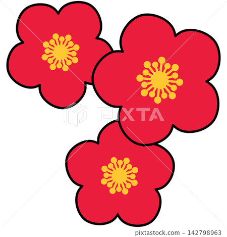 Flat style icon illustration of red plum blossom flowers isolated on transparent background. Colorful graphic design element clip art for Chinese New Year assets. 142798963