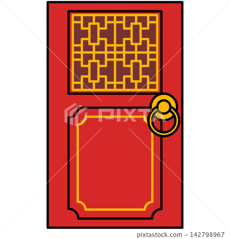 Flat style icon illustration of traditional red Chinese door with gold lattice isolated on transparent background. Graphic design element clip art for Lunar New Year assets. Flat style icon illustration of traditional red Chinese door with gold lattice isolated on transparent background. Graphic design element clip art for Lunar New Year assets. 142798967