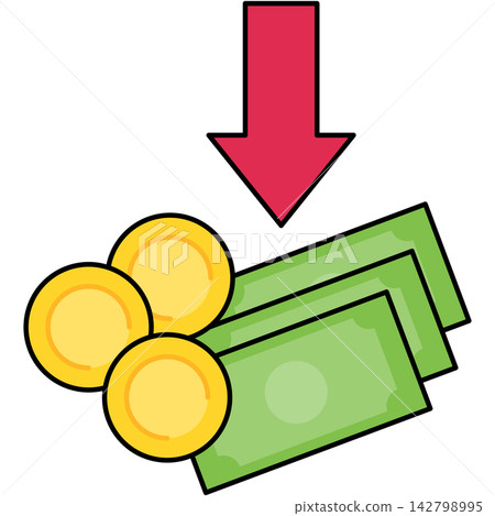 Flat style icon illustration of cash money with red down arrow isolated on transparent background. Graphic design element clip art for financial loss inflation assets. Flat style icon illustration of cash money with red down arrow isolated on transparent background. Graphic design element clip art for financial loss inflation assets. 142798995