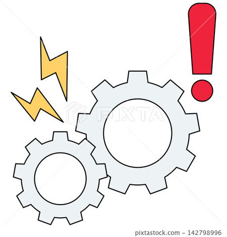 Flat style icon illustration of broken cogs with lightning spark and exclamation sign isolated on transparent background. Colorful graphic design element clip art for repair assets. 142798996