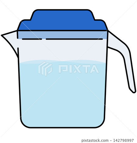 Flat style icon illustration of glass water pitcher jar with blue lid isolated on transparent background. Graphic design element clip art for kitchen drinkware assets. Flat style icon illustration of glass water pitcher jar with blue lid isolated on transparent background. Graphic design element clip art for kitchen drinkware assets. 142798997