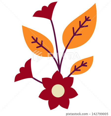 Flat style icon illustration of red floral branch with orange leaves isolated on transparent background. Colorful graphic design element clip art for greeting card letter assets. Flat style icon illustration of red floral branch with orange leaves isolated on transparent background. Colorful graphic design element clip art for greeting card letter assets. 142799005