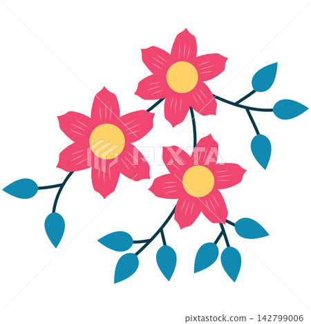 Flat style icon illustration of pink flowers with blue leaves isolated on transparent background. Colorful graphic design element clip art for stationery letter envelope assets. Flat style icon illustration of pink flowers with blue leaves isolated on transparent background. Colorful graphic design element clip art for stationery letter envelope assets. 142799006