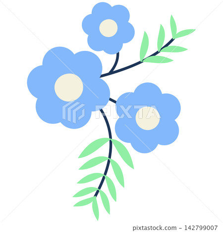 Flat style icon illustration of light blue flowers with green fern leaves isolated on transparent background. Colorful graphic design element clip art for card letter assets. Flat style icon illustration of light blue flowers with green fern leaves isolated on transparent background. Colorful graphic design element clip art for card letter assets. 142799007