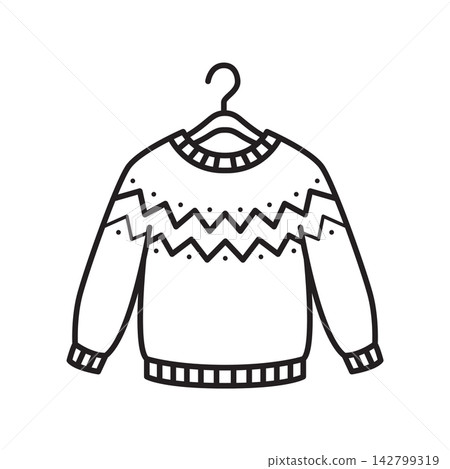 Detailed line art icon of a hand-knitted wool sweater with geometric Fair Isle pattern hanging on a coat hanger. Detailed line art icon of a hand-knitted wool sweater with geometric Fair Isle pattern hanging on a coat hanger. 142799319