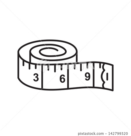 Line art icon showing a rolled flexible tape measure with printed numbered measurement scale. Line art icon showing a rolled flexible tape measure with printed numbered measurement scale. 142799320