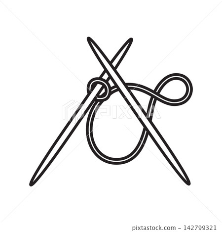 Minimal line art icon of two crossed knitting needles with a loop of yarn formed in the center. Minimal line art icon of two crossed knitting needles with a loop of yarn formed in the center. 142799321