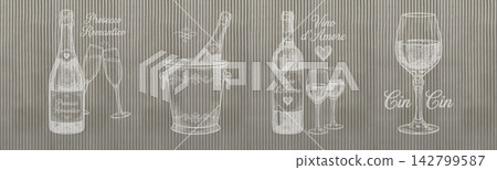 Vintage Wine Illustrations on Grooved Concrete Texture Vintage Wine Illustrations on Grooved Concrete Texture 142799587