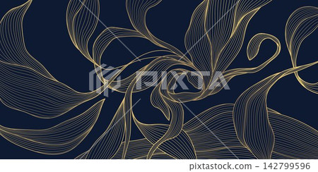 Luxury floral pattern with elegant golden line flowers, leaves, and Art Deco ornaments on a blue background. Nature drawn wallpaper, wedding stationery, packaging, tea design, cards, gifts, and Luxury floral pattern with elegant golden line flowers, leaves, and Art Deco ornaments on a blue background. Nature drawn wallpaper, wedding stationery, packaging, tea design, cards, gifts, and 142799596