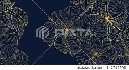 Luxury floral pattern with elegant golden line flowers, leaves, and Art Deco ornaments on a blue background. Nature drawn wallpaper, wedding stationery, packaging, tea design, cards, gifts, and Luxury floral pattern with elegant golden line flowers, leaves, and Art Deco ornaments on a blue background. Nature drawn wallpaper, wedding stationery, packaging, tea design, cards, gifts, and 142799598