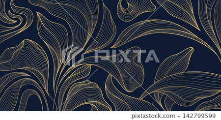 Luxury floral pattern with elegant golden line flowers, leaves, and Art Deco ornaments on a blue background. Nature drawn wallpaper, wedding stationery, packaging, tea design, cards, gifts, and 142799599