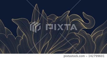 Luxury floral pattern with elegant golden line flowers, leaves, and Art Deco ornaments on a blue background. Nature drawn wallpaper, wedding stationery, packaging, tea design, cards, gifts, and Luxury floral pattern with elegant golden line flowers, leaves, and Art Deco ornaments on a blue background. Nature drawn wallpaper, wedding stationery, packaging, tea design, cards, gifts, and 142799601