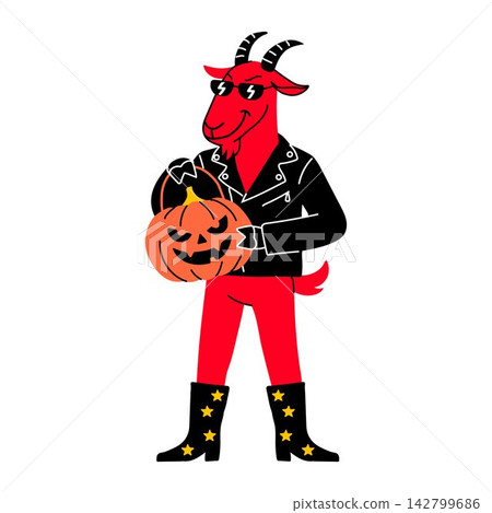 Halloween Goat Character With Pumpkin Illustration 142799686