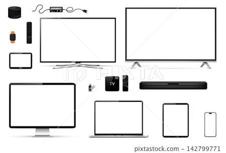 A mockup of various computers and technical devices on a white background A mockup of various computers and technical devices on a white background 142799771