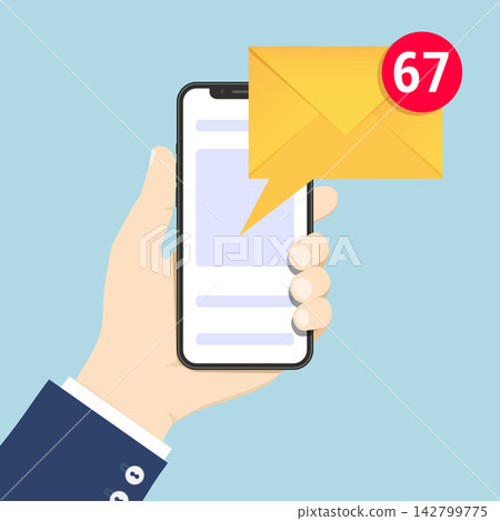 Hand holding smart phone. Incoming message communication concept, social networking concept vector flat illustration Hand holding smart phone. Incoming message communication concept, social networking concept vector flat illustration 142799775
