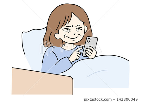 一個女人躺在床上咧嘴笑著，計畫著要翹班。 142800049