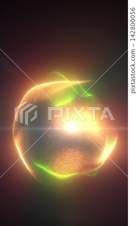 Abstract orange and green particle waves forming a luminous spherical structure with a bright central flare, representing energy, data, and digital technology. Abstract orange and green particle waves forming a luminous spherical structure with a bright central flare, representing energy, data, and digital technology. 142800056