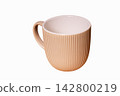 Simple beige ceramic mug with ribbed texture on a white background 142800219