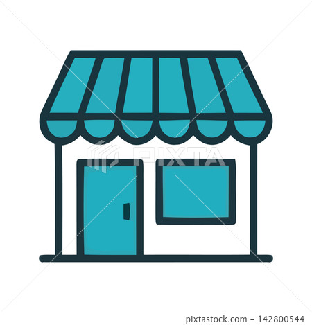 A cute flat graphic design icon representing a quaint shop or retail store entrance with detailed windows and striped awning. A cute flat graphic design icon representing a quaint shop or retail store entrance with detailed windows and striped awning. 142800544