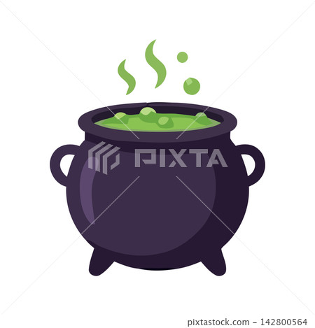 Vector illustration of a dark cauldron bubbling with magical potion and green ingredients for fantasy design. Vector illustration of a dark cauldron bubbling with magical potion and green ingredients for fantasy design. 142800564