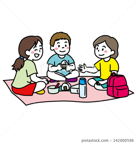 An illustration of three children enjoying a picnic. An illustration of three children enjoying a picnic. 142800586