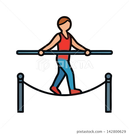 Simple black outline illustration of person balancing on a taut wire or rope. Simple black outline illustration of person balancing on a taut wire or rope. 142800629