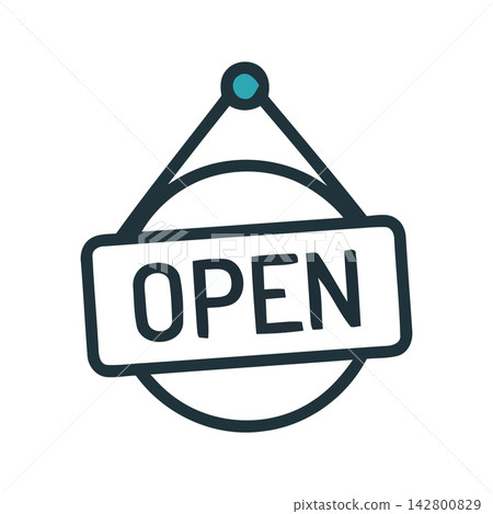 Minimalist line art icon of an open sign within a circle, perfect for web design or business communication. 142800829