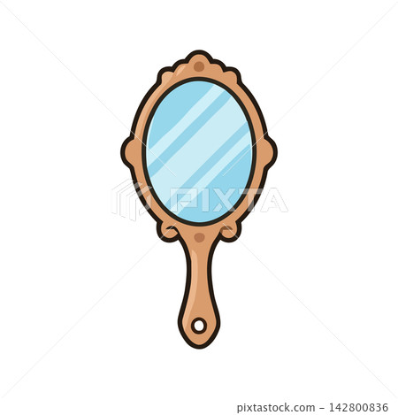 Simple outline cartoon drawing of an ornate hand mirror, perfect for beauty or vanity concepts. Simple outline cartoon drawing of an ornate hand mirror, perfect for beauty or vanity concepts. 142800836