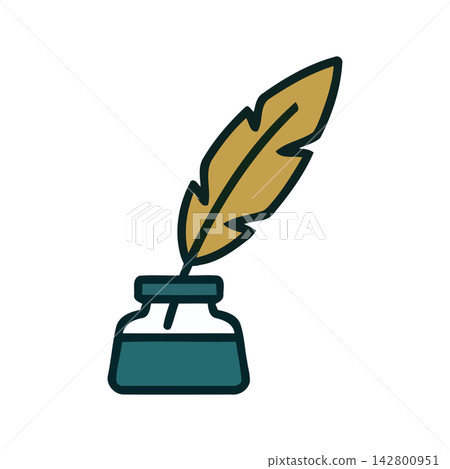 Minimalist line art of a classic feather quill writing instrument dipped in ink. Perfect icon for education, writing, or literature themes. Minimalist line art of a classic feather quill writing instrument dipped in ink. Perfect icon for education, writing, or literature themes. 142800951