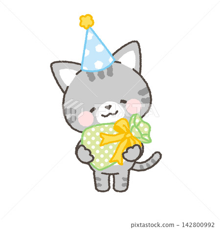 A tabby cat wearing a party hat and holding a present. A tabby cat wearing a party hat and holding a present. 142800992
