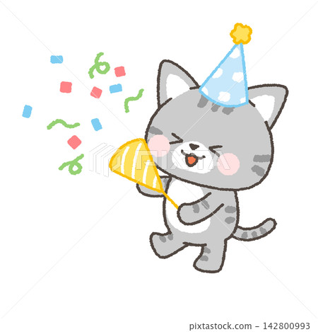 A tabby cat wearing a party hat and setting off crackers 142800993