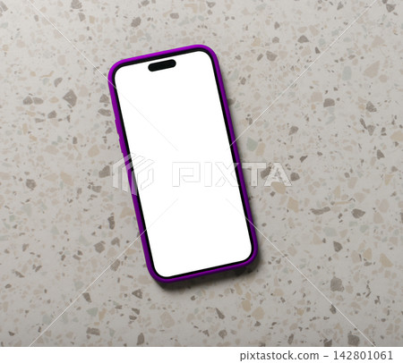 Mobile phone with a blank white screen lies vertically on a grey terrazzo tile surface, photographed 142801061