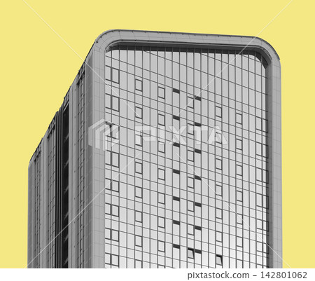 Modern high rise office building with a rounded facade against a yellow background. Urban architecture with grid windows and minimalist design. Real Modern high rise office building with a rounded facade against a yellow background. Urban architecture with grid windows and minimalist design. Real 142801062