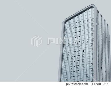 Modern high rise office building with glass facade and rounded corner. Clean urban architecture against a pale sky. Ideal for real estate, business Modern high rise office building with glass facade and rounded corner. Clean urban architecture against a pale sky. Ideal for real estate, business 142801063