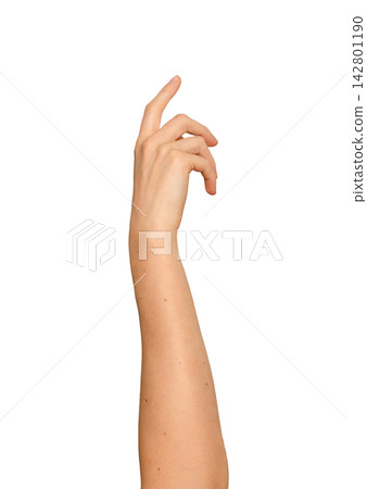 Right hand with index finger pointing downward gently. Woman s arm raised in a soft clicking motion. 142801190