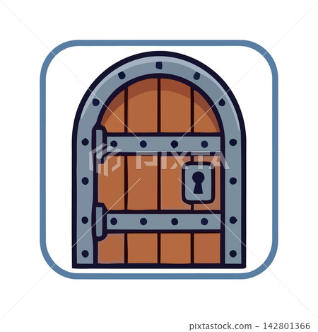 Rustic archway door graphic drawing, featuring detailed wood planking and antique metal hinges, ideal for fantasy design projects. 142801366