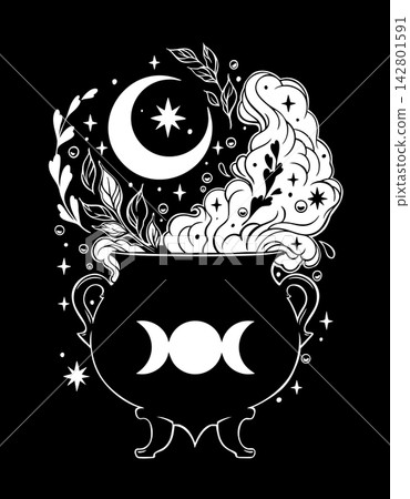 Witch Cauldron Potion Smoke with Crescent Moon Line Art Witch Cauldron Potion Smoke with Crescent Moon Line Art 142801591