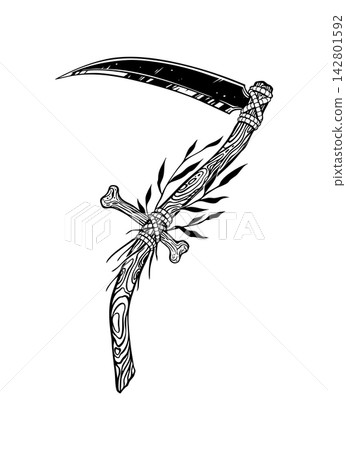 Scythe with wooden handle, leaves, and bone crossguard 142801592