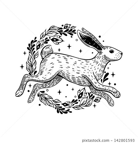 Leaping Hare in Botanical Wreath Vector Line Art 142801593