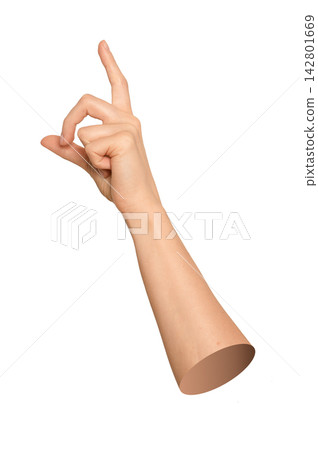 Caucasian arm side view pointing index finger upwards and to the side. Natural skin posture 142801669