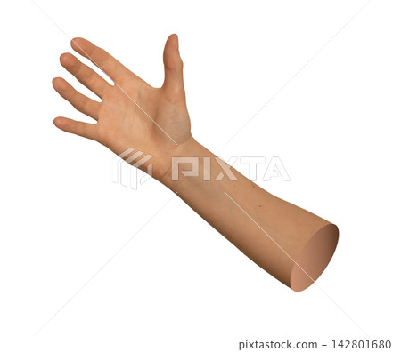 Caucasian open arm raised angled presenting invisible object or reaching out. Natural skin posture Caucasian open arm raised angled presenting invisible object or reaching out. Natural skin posture 142801680