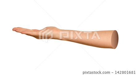 Caucasian open arm side profile holding unseen product on flat palm. Natural skin hand gesture Caucasian open arm side profile holding unseen product on flat palm. Natural skin hand gesture 142801681
