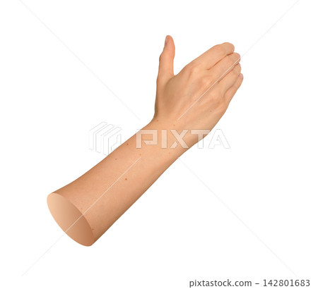 Caucasian right hand gripping invisible cylinder or cosmetics jar securely. Skin tone fingers 142801683