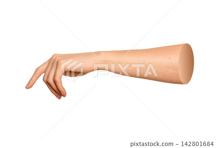 Caucasian right hand pressing downward with index finger to click virtual button. Natural skin arm Caucasian right hand pressing downward with index finger to click virtual button. Natural skin arm 142801684