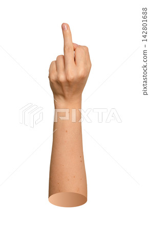 Caucasian wrist extended vertically with middle finger raised in clear fuck you sign. Natural skin Caucasian wrist extended vertically with middle finger raised in clear fuck you sign. Natural skin 142801688