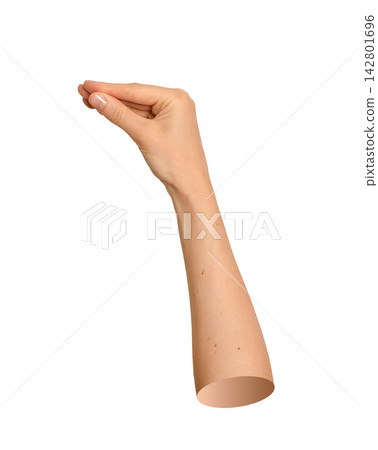 Female wrist extending upward while fingertips compress tightly. Skin tone arm holding invisible Female wrist extending upward while fingertips compress tightly. Skin tone arm holding invisible 142801696
