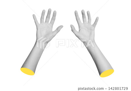 Grayscale view from below of two hands typing on invisible keyboard surface. Monochrome palm posture Grayscale view from below of two hands typing on invisible keyboard surface. Monochrome palm posture 142801729
